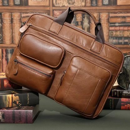 Business Genuine Men's Briefcase Cow Leather Handbag Large Capacity Shoulder Messenger Fashion 15.6 "Inch Laptop Bag