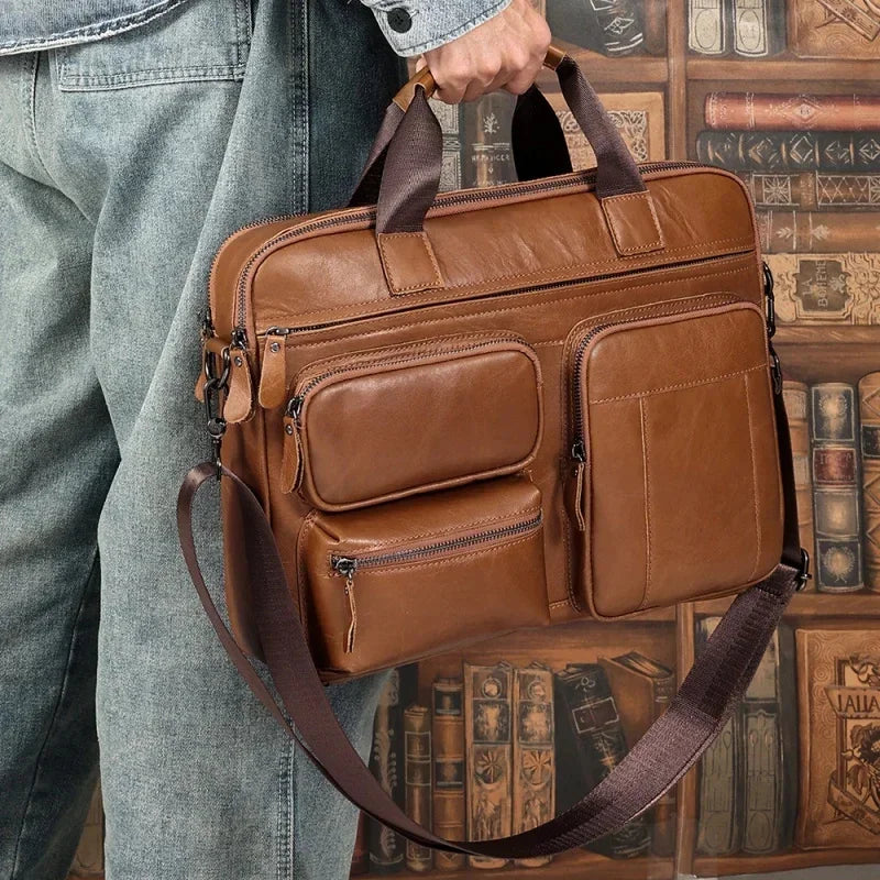 Business Genuine Men's Briefcase Cow Leather Handbag Large Capacity Shoulder Messenger Fashion 15.6 "Inch Laptop Bag