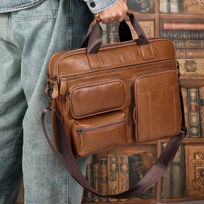 Business Genuine Men's Briefcase Cow Leather Handbag Large Capacity Shoulder Messenger Fashion 15.6 "Inch Laptop Bag