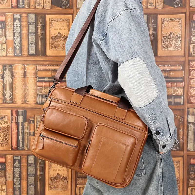 Business Genuine Men's Briefcase Cow Leather Handbag Large Capacity Shoulder Messenger Fashion 15.6 "Inch Laptop Bag