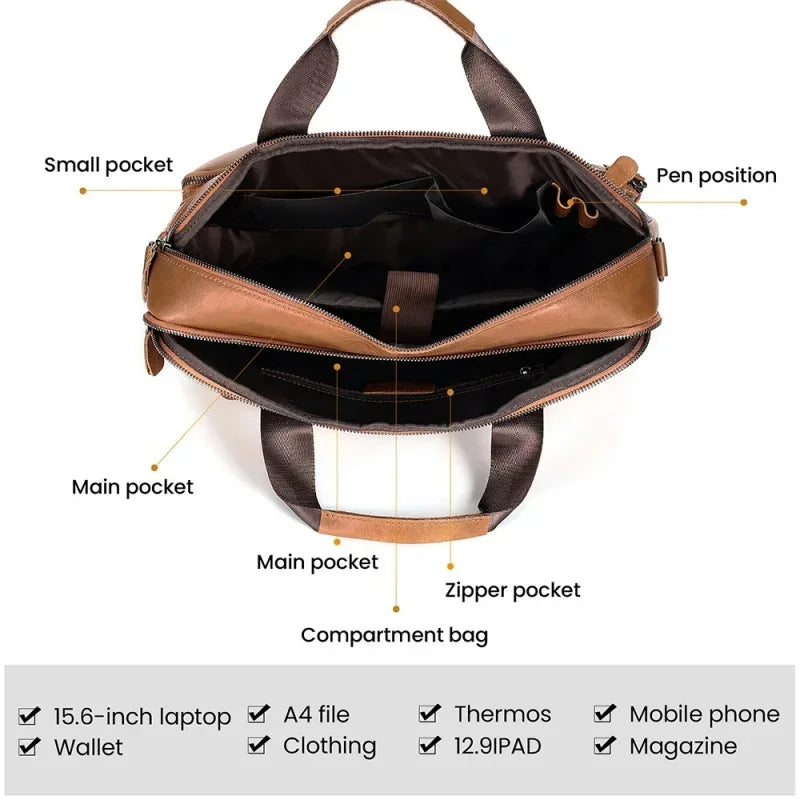 Business Genuine Men's Briefcase Cow Leather Handbag Large Capacity Shoulder Messenger Fashion 15.6 "Inch Laptop Bag