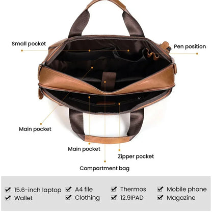 Business Genuine Men's Briefcase Cow Leather Handbag Large Capacity Shoulder Messenger Fashion 15.6 "Inch Laptop Bag