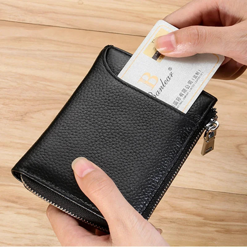 Business Genuine leather Men's Wallet Short RFID Blocking Coin Purse Multifunction Card Holder Fashion Zipper Man Money Clip