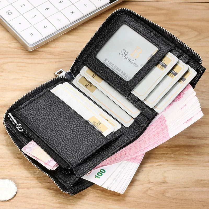 Business Genuine leather Men's Wallet Short RFID Blocking Coin Purse Multifunction Card Holder Fashion Zipper Man Money Clip