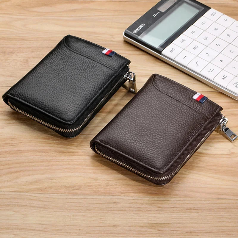 Business Genuine leather Men's Wallet Short RFID Blocking Coin Purse Multifunction Card Holder Fashion Zipper Man Money Clip