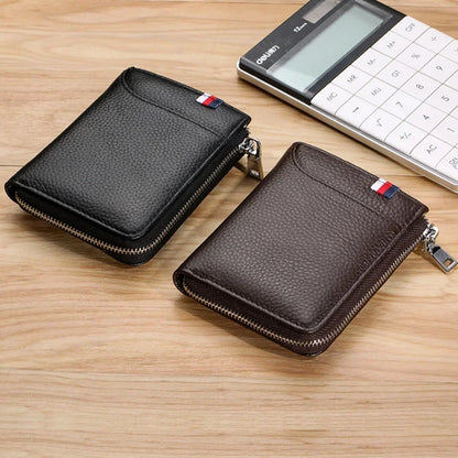 Business Genuine leather Men's Wallet Short RFID Blocking Coin Purse Multifunction Card Holder Fashion Zipper Man Money Clip