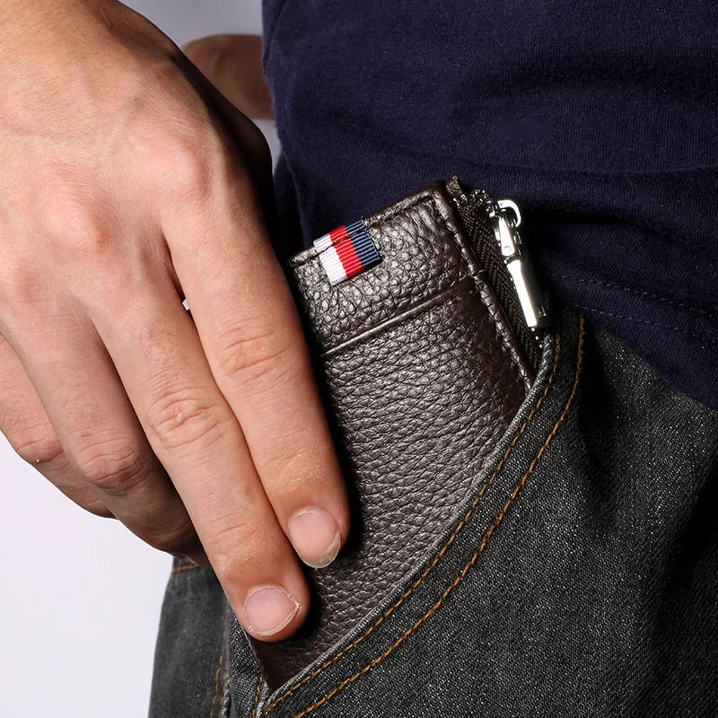 Business Genuine leather Men's Wallet Short RFID Blocking Coin Purse Multifunction Card Holder Fashion Zipper Man Money Clip