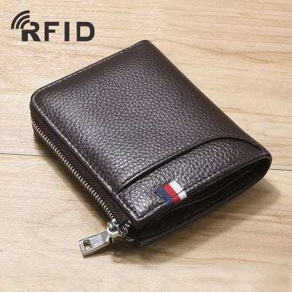 Business Genuine leather Men's Wallet Short RFID Blocking Coin Purse Multifunction Card Holder Fashion Zipper Man Money Clip