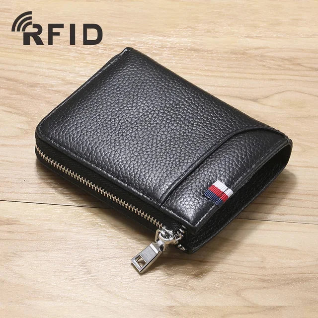 Business Genuine leather Men's Wallet Short RFID Blocking Coin Purse Multifunction Card Holder Fashion Zipper Man Money Clip