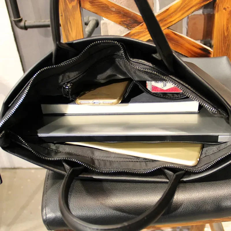 Business PU Leather Men's Briefcases With Zipper Luxury Handbag Casual Black File Fashion Thin Man Laptop Bag
