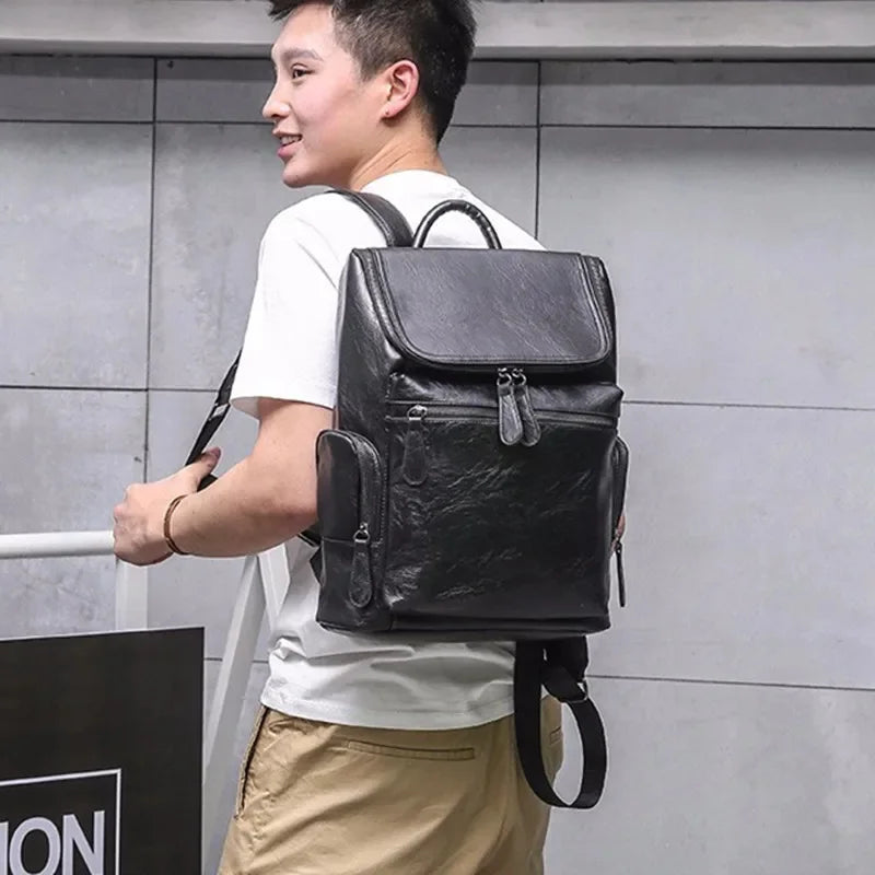 Business PU Leather Men's Korean Style Travel Backpack Casual Man Laptop Large Capacity School Bag For Boys