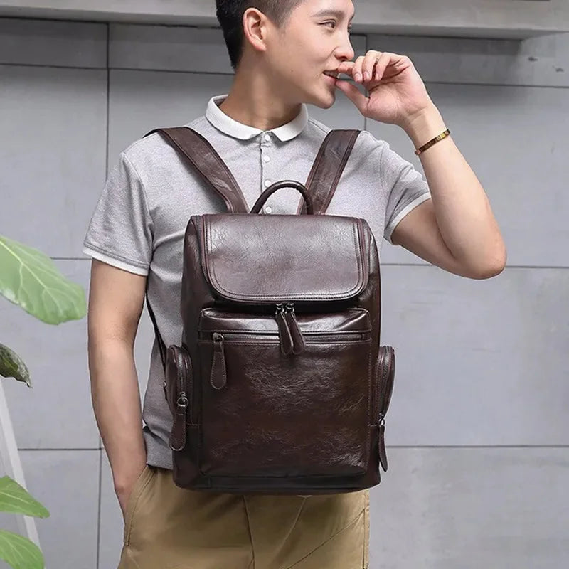 Business PU Leather Men's Korean Style Travel Backpack Casual Man Laptop Large Capacity School Bag For Boys