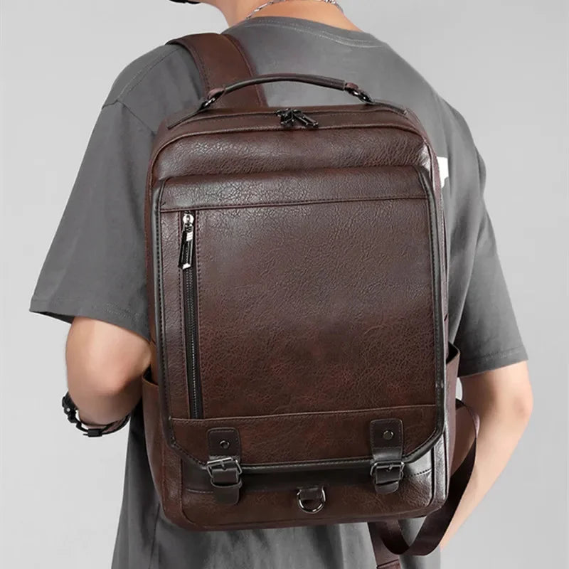 Business PU Leather Men's Large Capacity Laptop Sports Man Travel Backpack Casual College Students School Bag