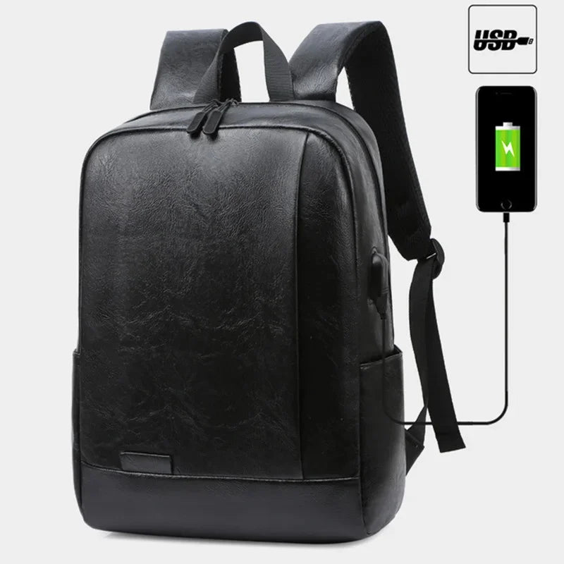 Business USB Charging Men's Sports Man School PU Leather Laptop Bag Teenager Waterproof Casual Travel Backpack