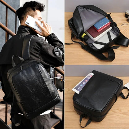 Business USB Charging Men's Sports Man School PU Leather Laptop Bag Teenager Waterproof Casual Travel Backpack