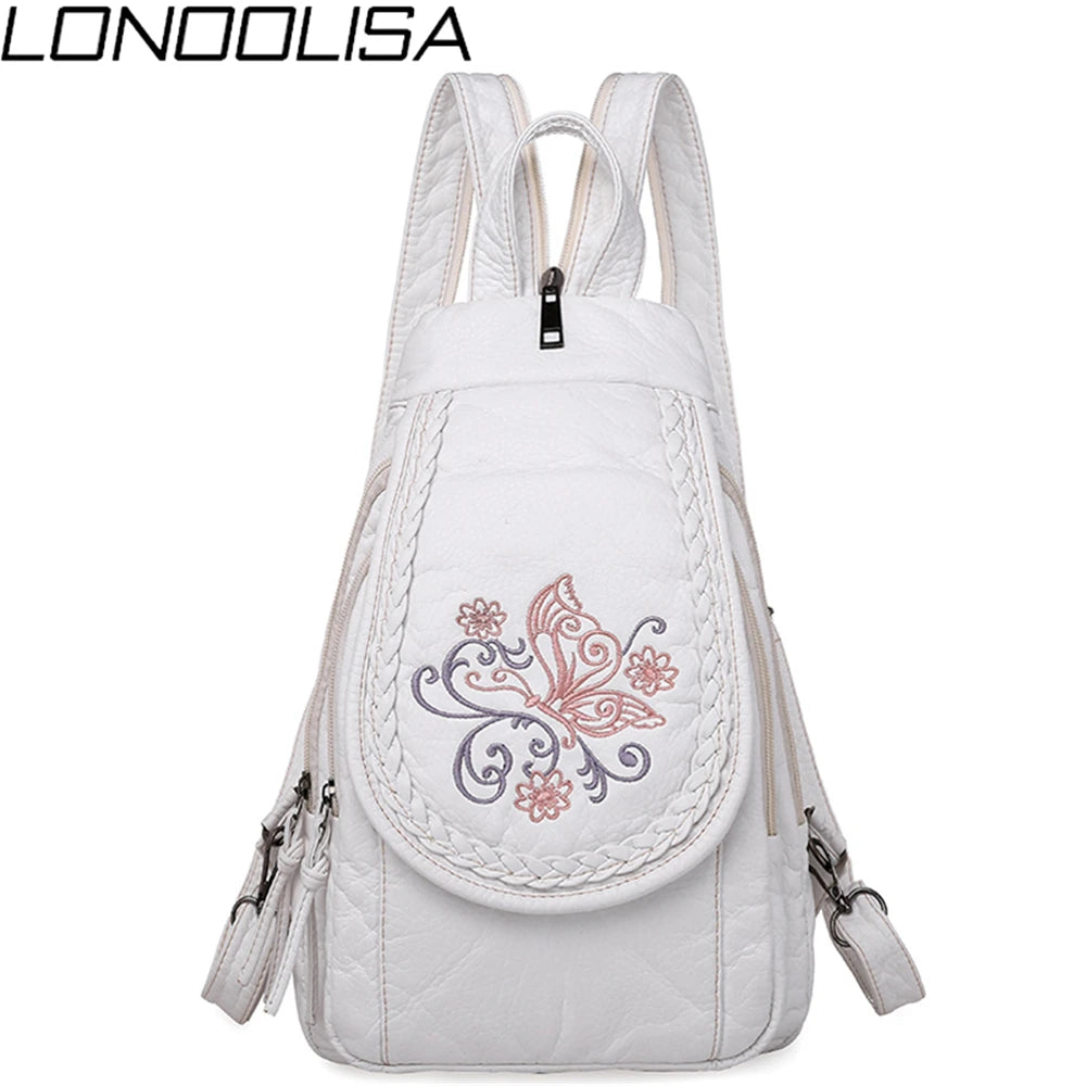 Butterfly Embroidery Sheepskin Women Backpack 3 in 1 Soft Genuine Leather Chest Bag For Mother Ladies  Large Capacity Bagpack