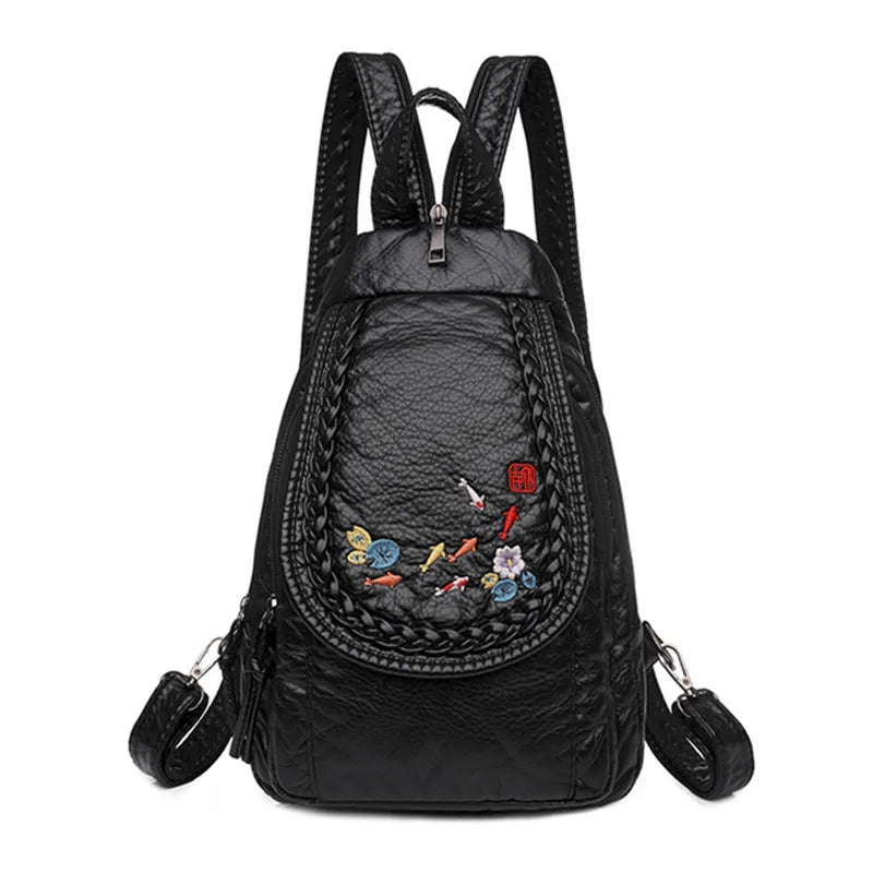 Butterfly Embroidery Sheepskin Women Backpack 3 in 1 Soft Genuine Leather Chest Bag For Mother Ladies  Large Capacity Bagpack