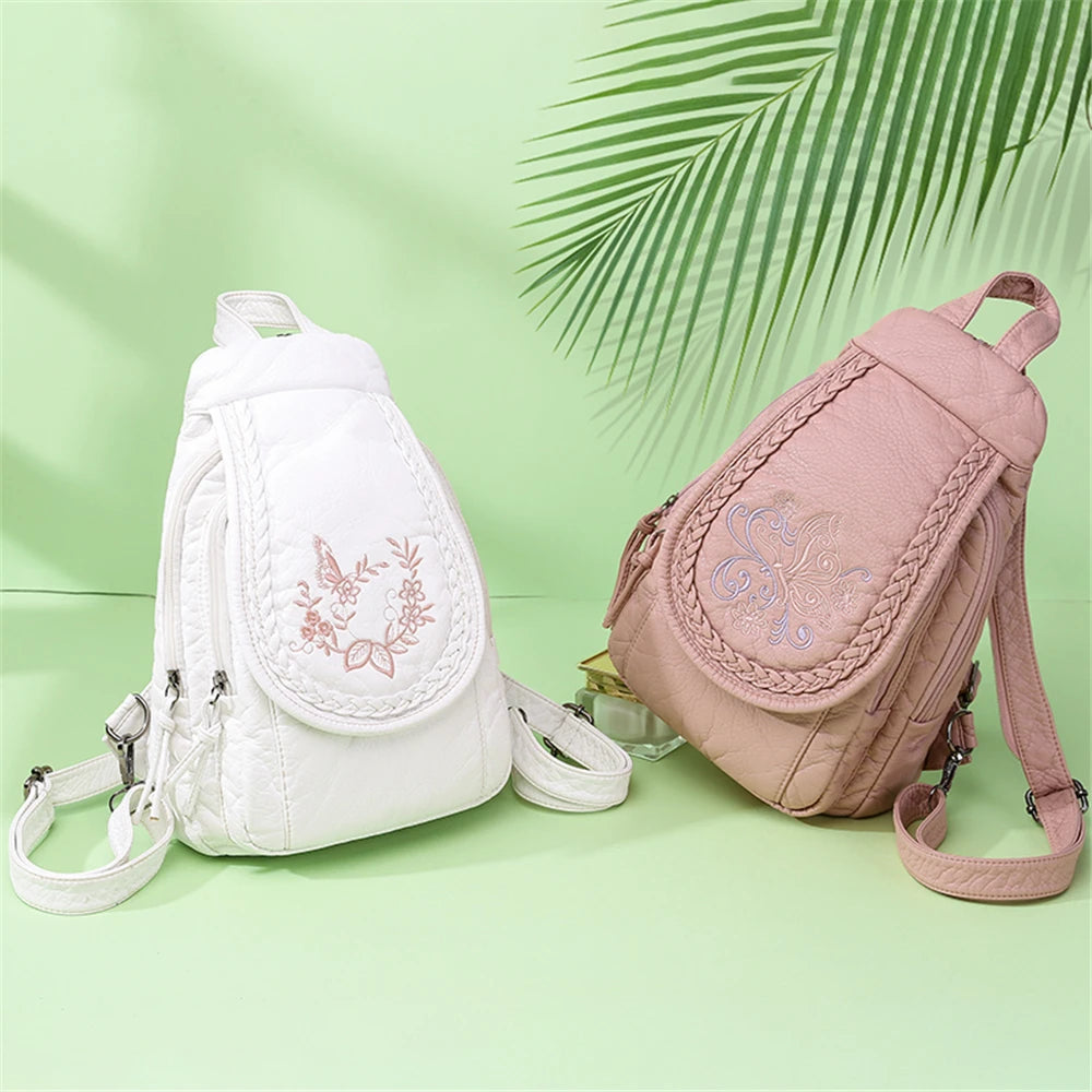 Butterfly Embroidery Sheepskin Women Backpack 3 in 1 Soft Genuine Leather Chest Bag For Mother Ladies  Large Capacity Bagpack