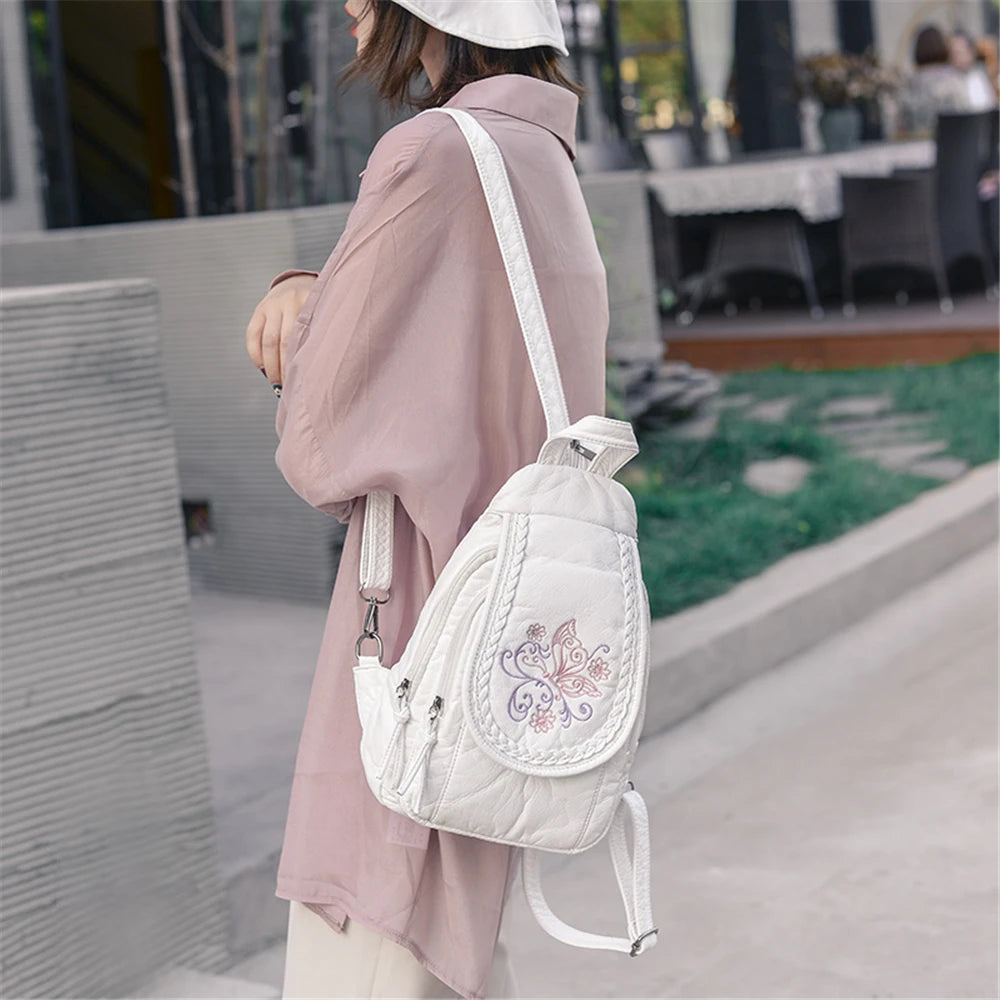 Butterfly Embroidery Sheepskin Women Backpack 3 in 1 Soft Genuine Leather Chest Bag For Mother Ladies  Large Capacity Bagpack
