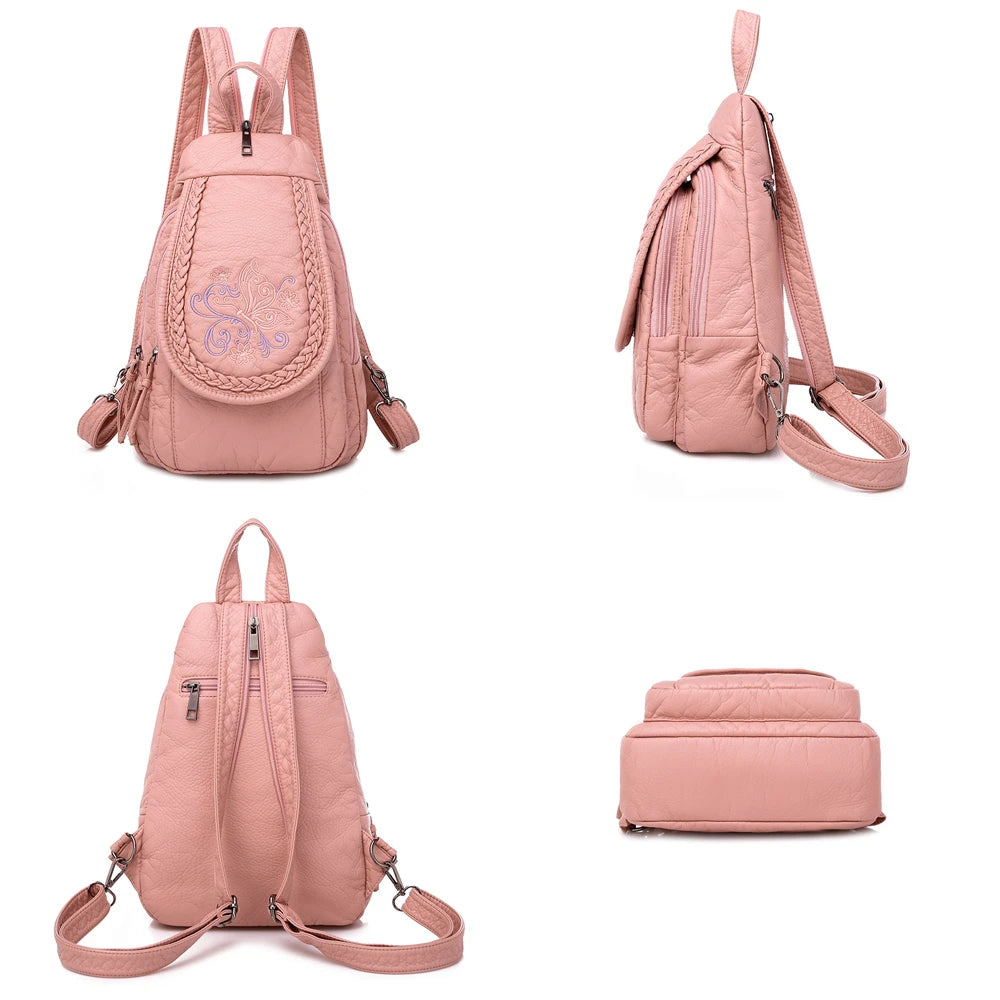 Butterfly Embroidery Sheepskin Women Backpack 3 in 1 Soft Genuine Leather Chest Bag For Mother Ladies  Large Capacity Bagpack