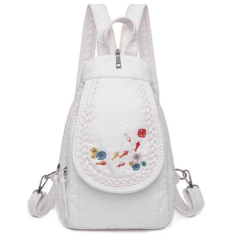 Butterfly Embroidery Sheepskin Women Backpack 3 in 1 Soft Genuine Leather Chest Bag For Mother Ladies  Large Capacity Bagpack