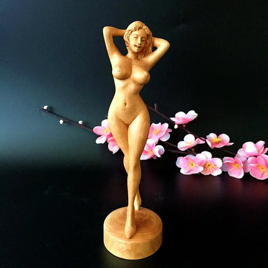 CC010- 18X6X5 CM Beauty Girl Boxwood Sculpture Geisha Lady Statue Lucky Feng Shui Home Decor