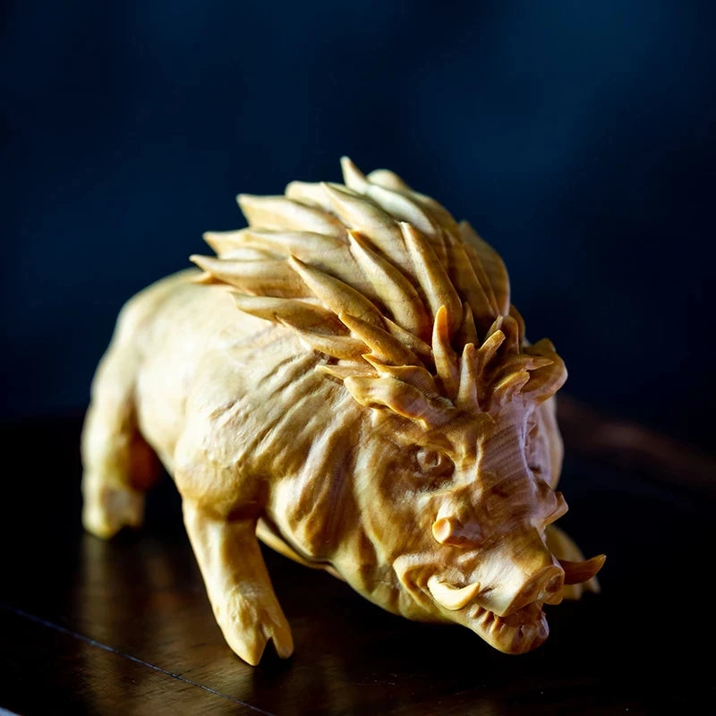 CCZHIDAO - 9CM Fu Pig Wild Boar Solid Wood Carving Zodiac Animal Home Decoration Crafts Ornament