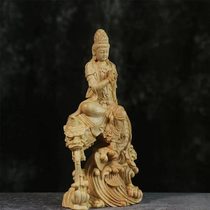 CCZHIDAO Fish Guanyin 15CM Chinese Boxwood Guan Yin Bodhisattva Statue Home Decoration Wood Carving Crafts