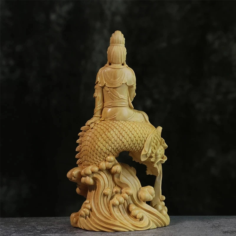 CCZHIDAO Fish Guanyin 15CM Chinese Boxwood Guan Yin Bodhisattva Statue Home Decoration Wood Carving Crafts