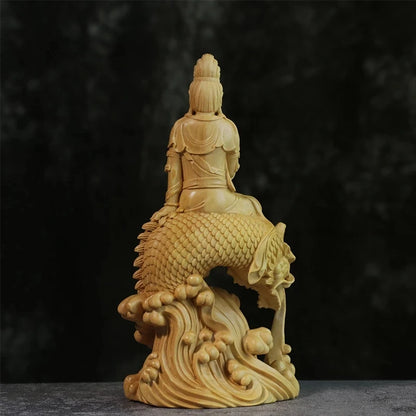 CCZHIDAO Fish Guanyin 15CM Chinese Boxwood Guan Yin Bodhisattva Statue Home Decoration Wood Carving Crafts