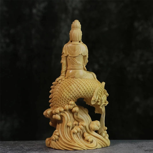 CCZHIDAO Fish Guanyin 15CM Chinese Boxwood Guan Yin Bodhisattva Statue Home Decoration Wood Carving Crafts
