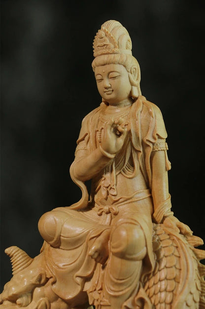 CCZHIDAO Fish Guanyin 15CM Chinese Boxwood Guan Yin Bodhisattva Statue Home Decoration Wood Carving Crafts