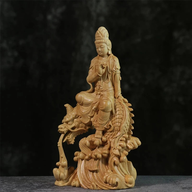 CCZHIDAO Fish Guanyin 15CM Chinese Boxwood Guan Yin Bodhisattva Statue Home Decoration Wood Carving Crafts