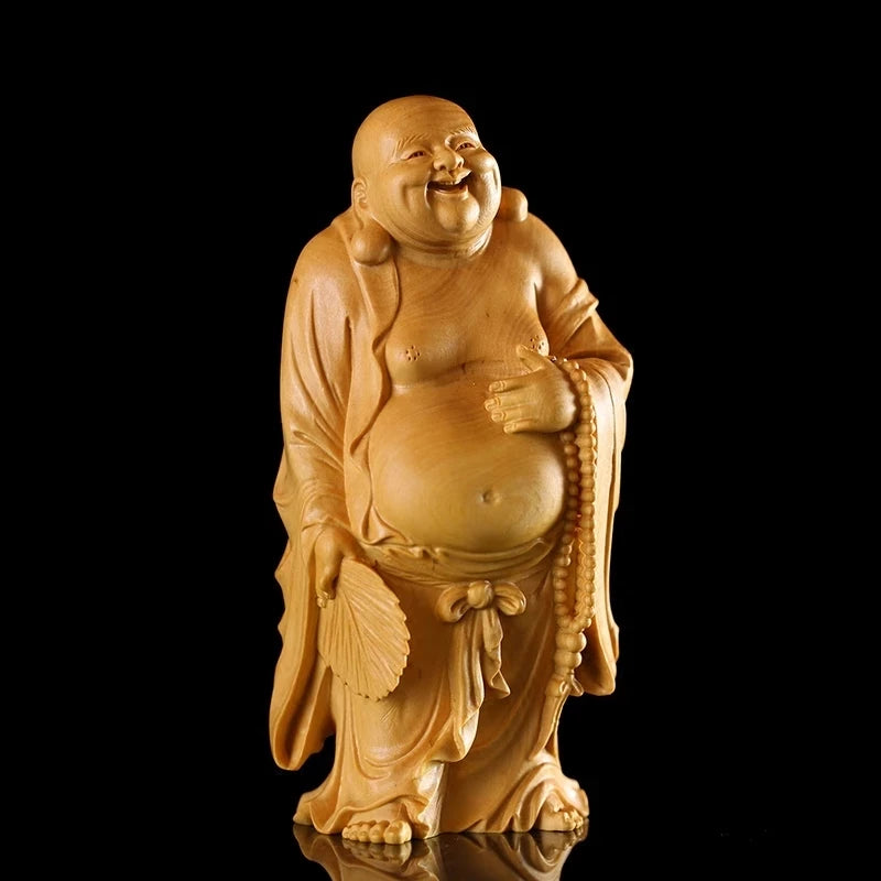 CCZHIDAO Happy Buddha Budai 12 / 18CM Wooden Statues Laughing God With Buddhist Fan Maitreya Solid Monk Chinese Boxwood Sculptur