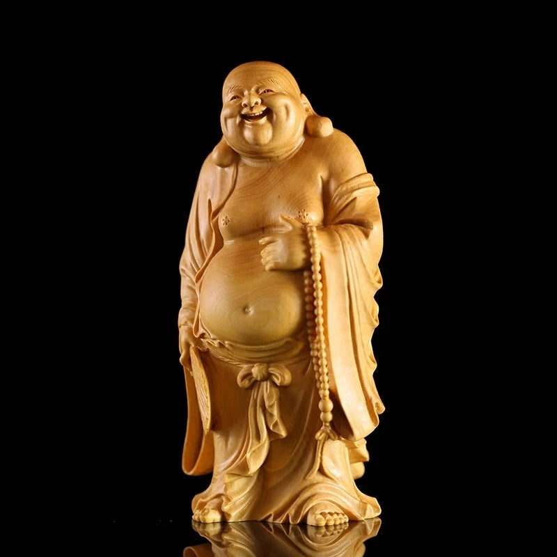 CCZHIDAO Happy Buddha Budai 12 / 18CM Wooden Statues Laughing God With Buddhist Fan Maitreya Solid Monk Chinese Boxwood Sculptur