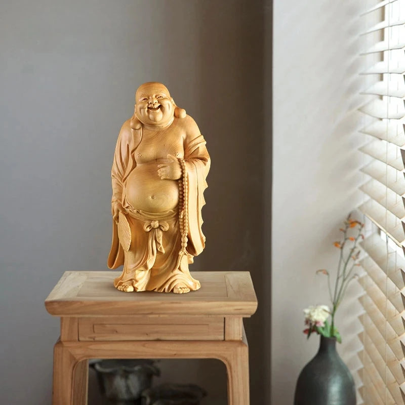 CCZHIDAO Happy Buddha Budai 12 / 18CM Wooden Statues Laughing God With Buddhist Fan Maitreya Solid Monk Chinese Boxwood Sculptur