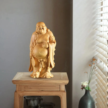 CCZHIDAO Happy Buddha Budai 12 / 18CM Wooden Statues Laughing God With Buddhist Fan Maitreya Solid Monk Chinese Boxwood Sculptur