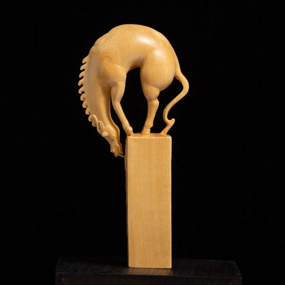 CCZHIDAO Horse Drinking River Chinese Boxwood Solid Wood Seal Animal Sculpture Carrying Lucky Zodiac Carving Home Decoration