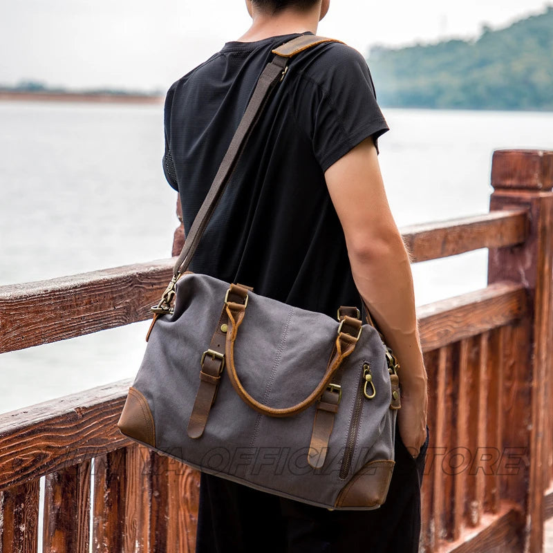 CFUN YA Fashion Luxury Men's Shoulder Bag Canvas Real Leather Travel Bag Women Large Male Crossbody Messenger Tote Pack New