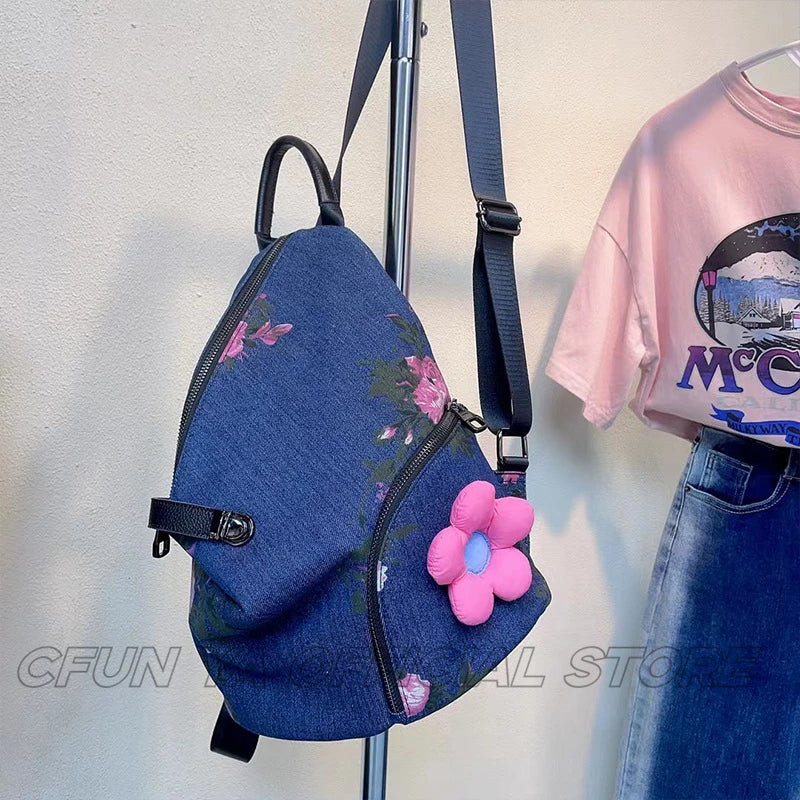 CFUN YA New Fashion Print Denim Backpack For Women Multifunction Travel Rucksack Female Shoulder Bag College Schoolbag Mochila