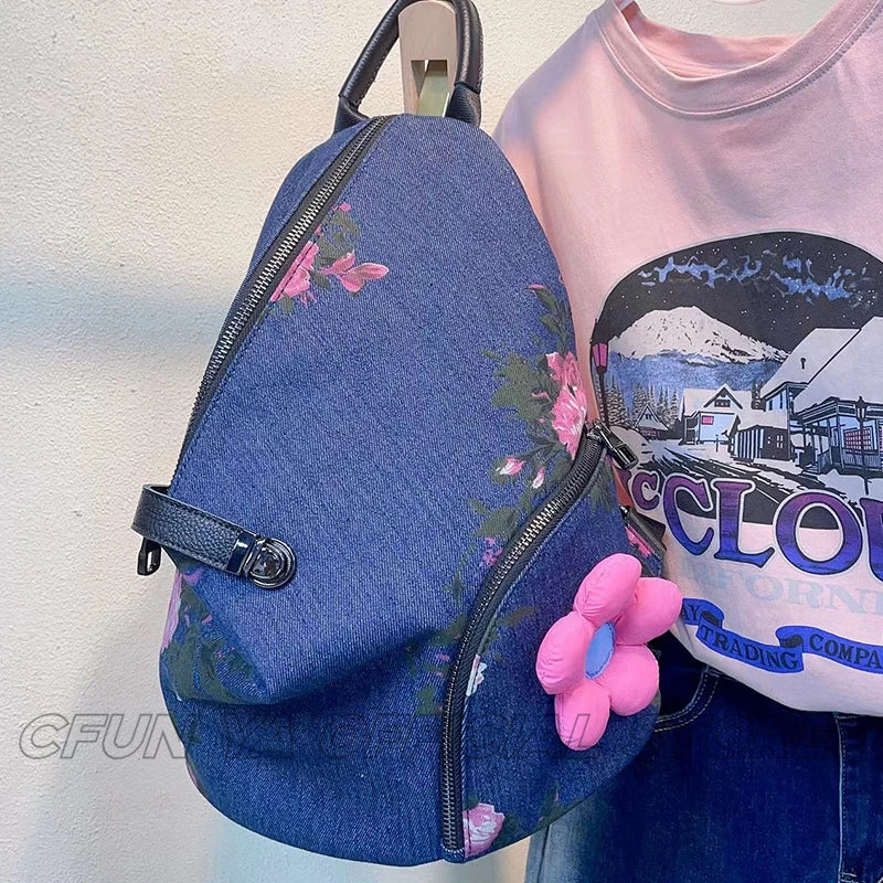 CFUN YA New Fashion Print Denim Backpack For Women Multifunction Travel Rucksack Female Shoulder Bag College Schoolbag Mochila