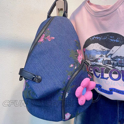 CFUN YA New Fashion Print Denim Backpack For Women Multifunction Travel Rucksack Female Shoulder Bag College Schoolbag Mochila