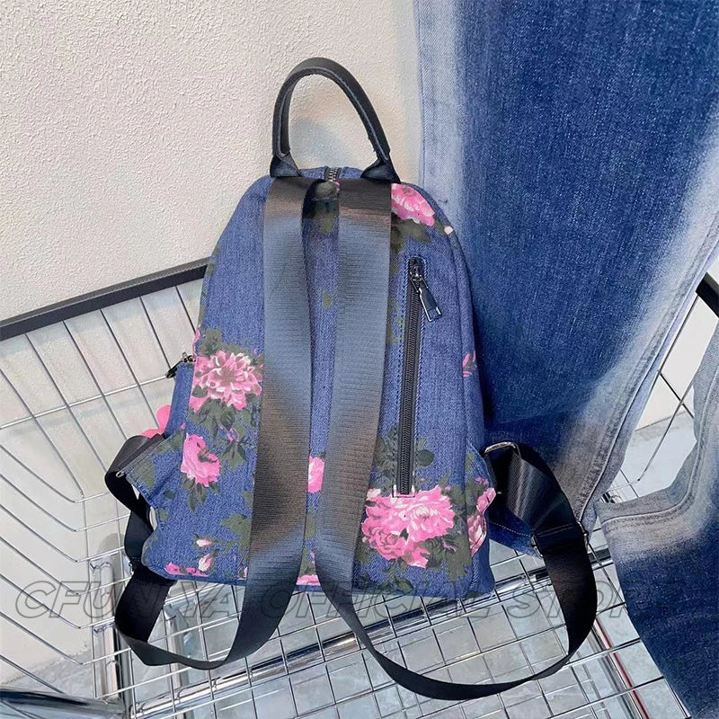 CFUN YA New Fashion Print Denim Backpack For Women Multifunction Travel Rucksack Female Shoulder Bag College Schoolbag Mochila