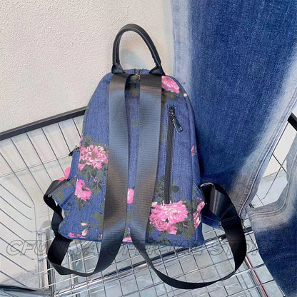 CFUN YA New Fashion Print Denim Backpack For Women Multifunction Travel Rucksack Female Shoulder Bag College Schoolbag Mochila