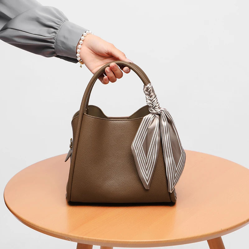 CFUN YA New Fashion Women Handbag With Scarf High Qulity Leather Mummy Bucket Bag Business Female Shoulder Crossby Bag Totes