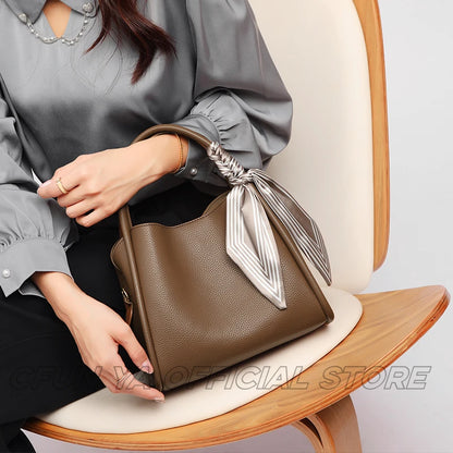 CFUN YA New Fashion Women Handbag With Scarf High Qulity Leather Mummy Bucket Bag Business Female Shoulder Crossby Bag Totes