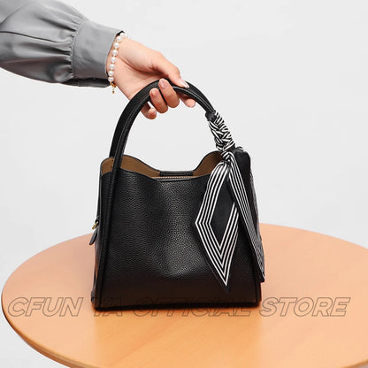 CFUN YA New Fashion Women Handbag With Scarf High Qulity Leather Mummy Bucket Bag Business Female Shoulder Crossby Bag Totes