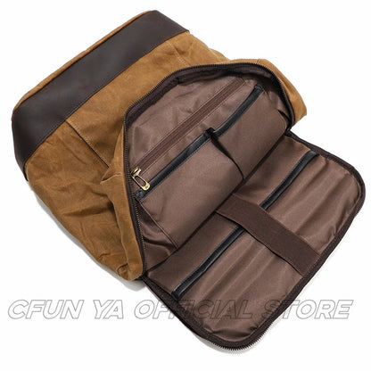 CFUN YA New Trend Luxury Canvas Real Leather Backpack For Men Women Large 15 16 Inch Laptop Bag Pack Outdoor Climbing Rucksack