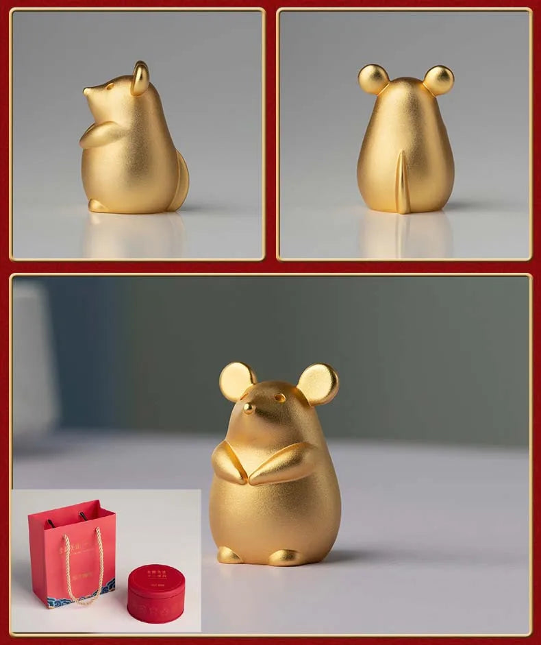 CHINA Foreign Business Gift Limited Edition Mascot Talisman Auspicious GOOD LUCK 24K gold-plating Zodiac Rat Copper carving ART