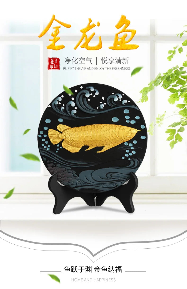 CHINA Foreign Business Gifts HOME OFFICE Company Talisman Auspicious Lucky Arowana Golden Fish Ornament Wood carving statue